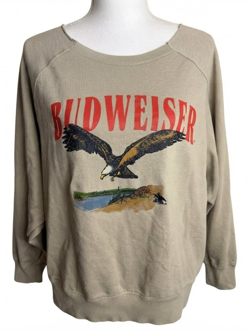 Budweiser Women's Vintage Sweatshirt Eagle Graphic Raw Edge Crew Neck Tan NWT